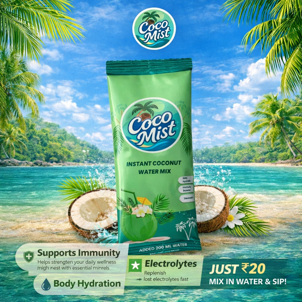 Coco Mist Instant Coconut Water Mix – 100% Natural, 0% Preservatives | Electrolyte-Rich Hydration | 20 Sachets Box